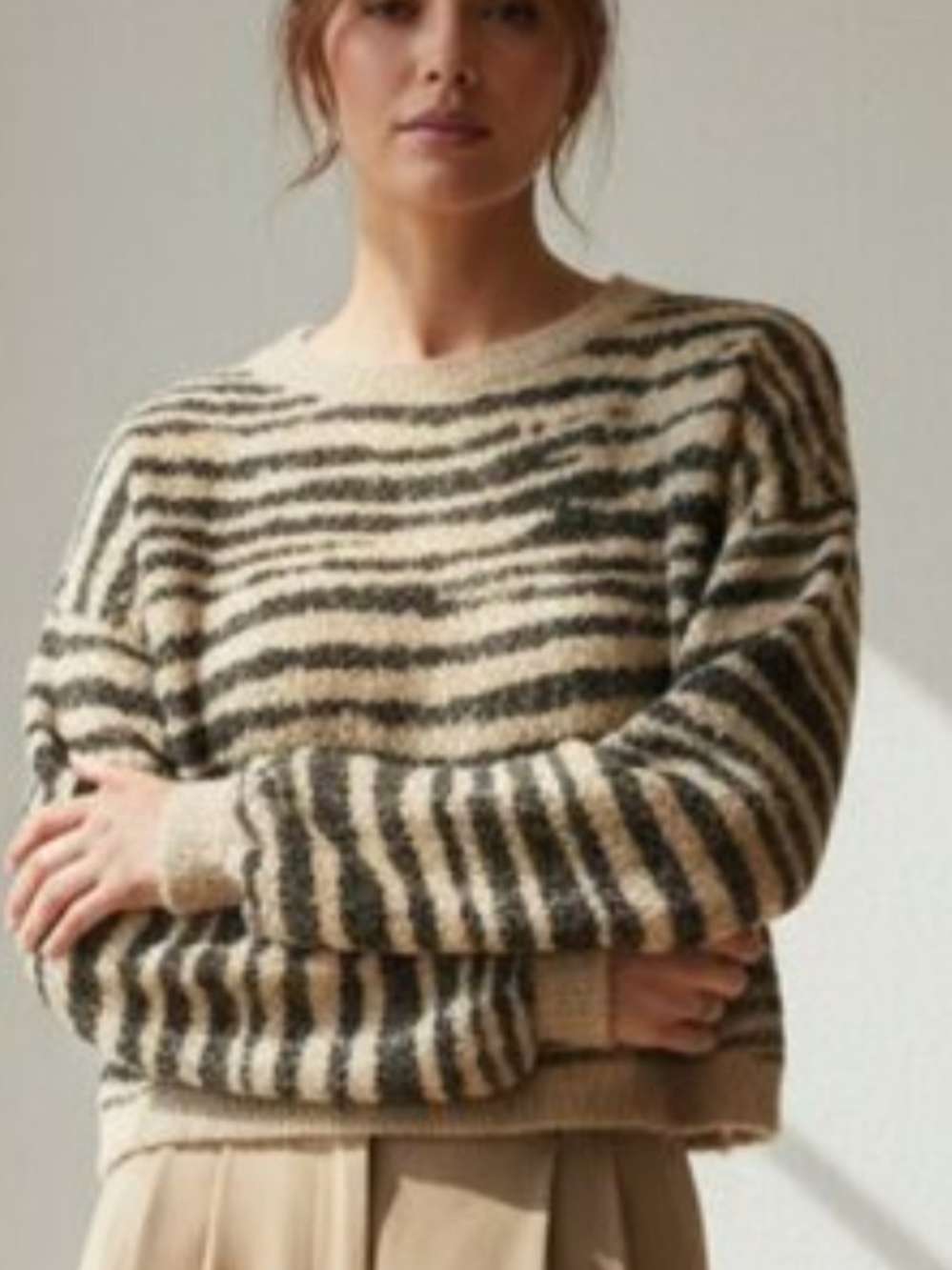 Jessica Simpson Fuzzy Cropped Striped Crewneck Sweater in Tan and Black